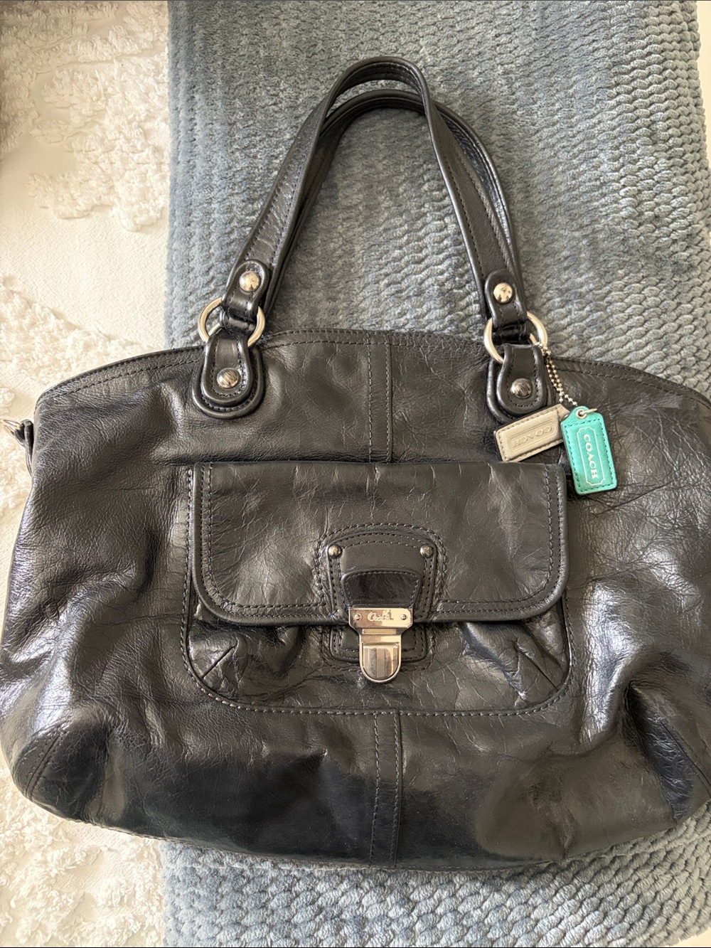 Coach Black Leather Shoulder Bag with Front Flap Pocket and Tags